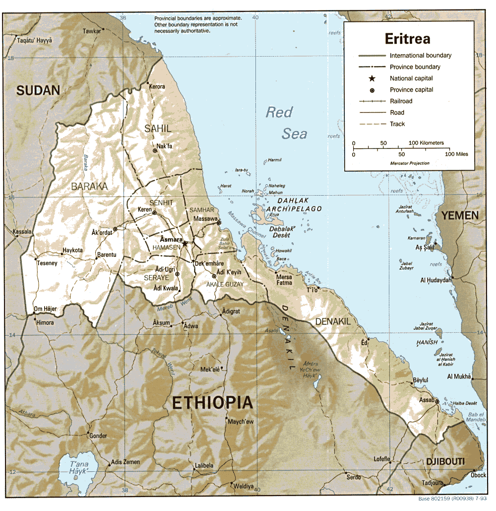 Mapa físico y político de Eritrea (1993)