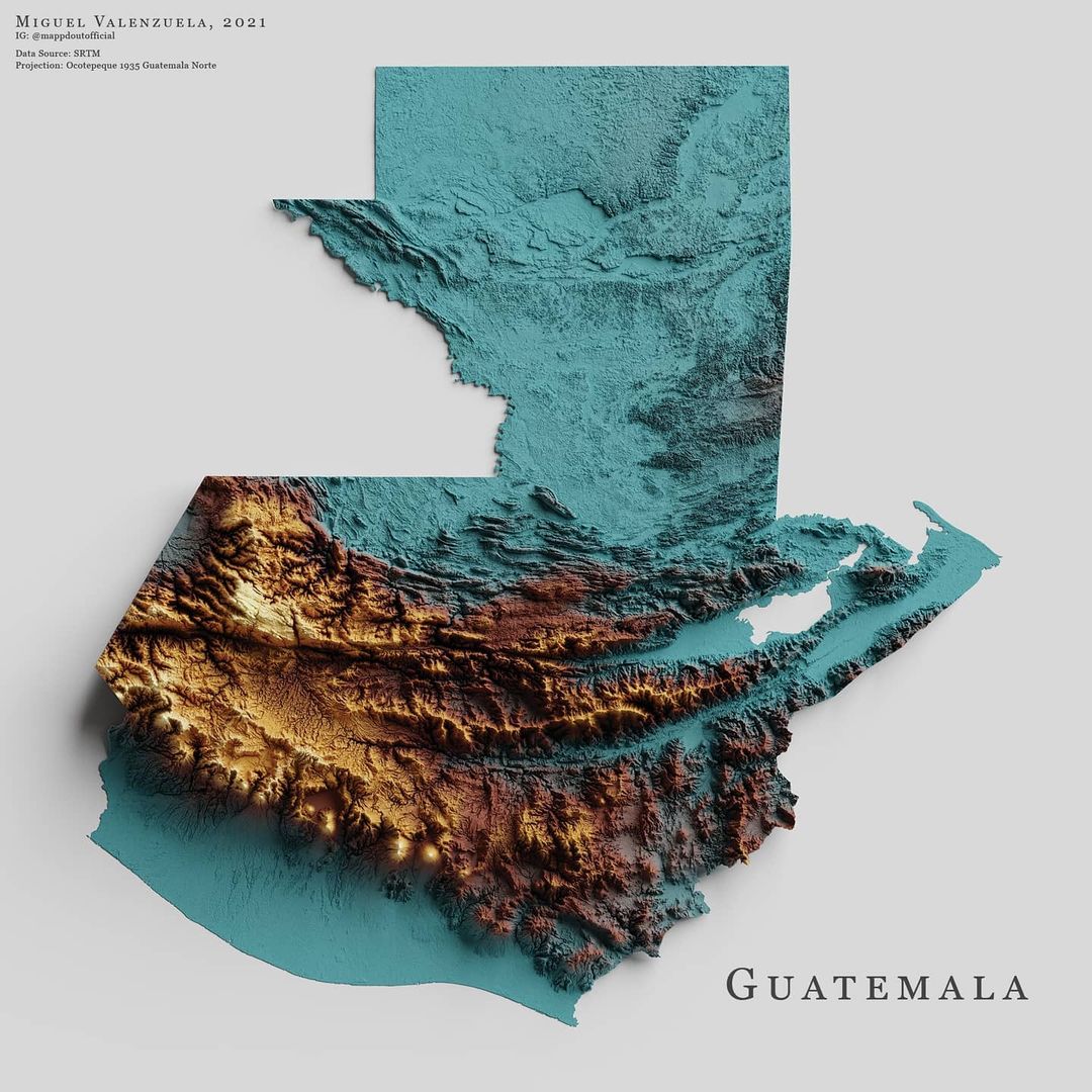 Mapa de relieve de Guatemala, por Miguel Valenzuela (2021)