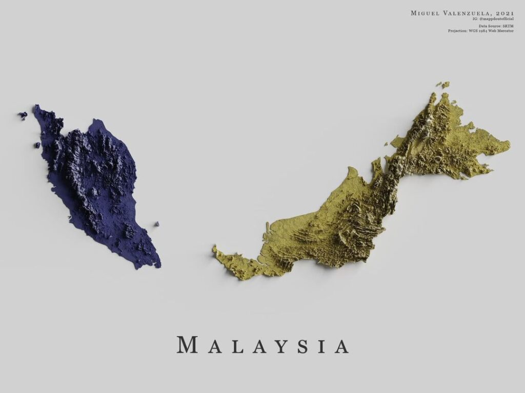 Mapa de relieve de Malasia, por Miguel Valenzuela (2021)