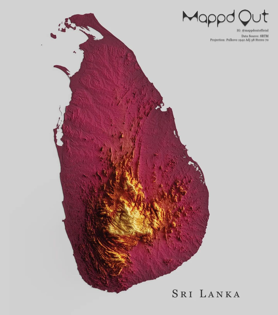 Mapa de relieve de Sri Lanka, por Miguel Valenzuela (2022)