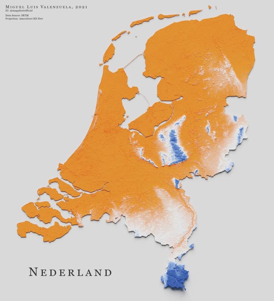 Mapa de relieve de Países Bajos, por Miguel Valenzuela (2021)