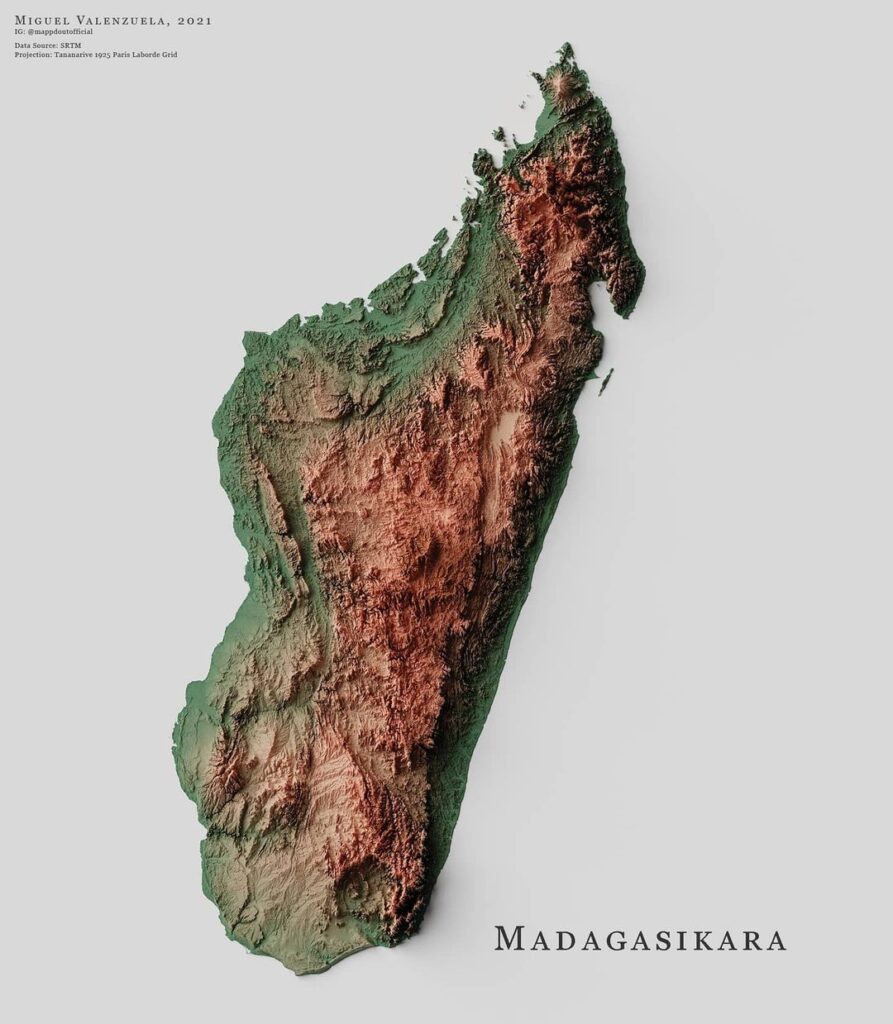 Mapa de relieve de Madagascar, por Miguel Valenzuela (2021)