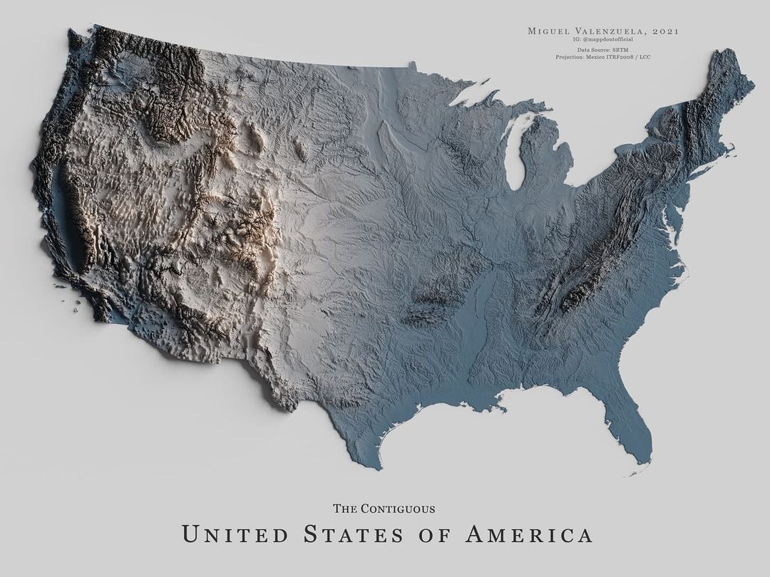 Mapa de relieve de Estados Unidos, por Miguel Valenzuela (2021)