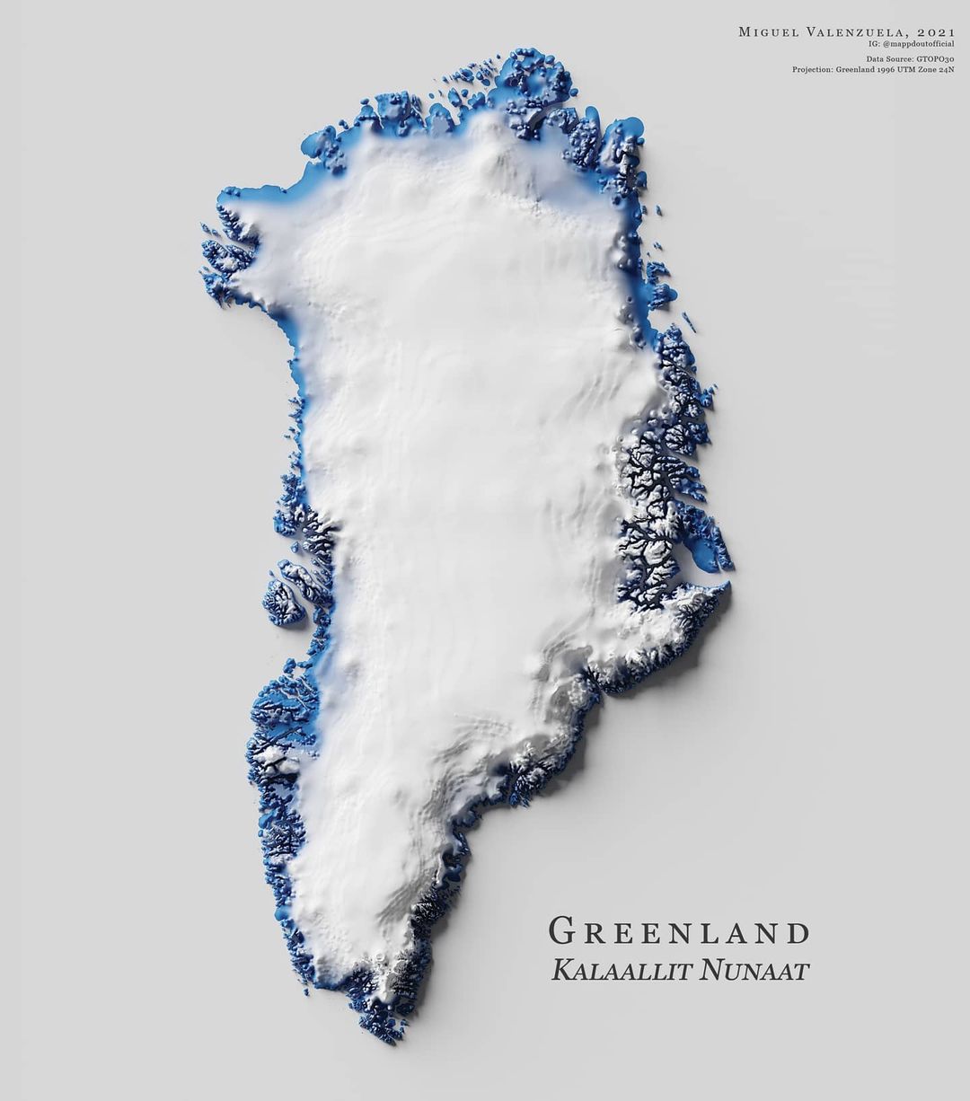 Mapa de relieve de Groenlandia, por Miguel Valenzuela (2021)