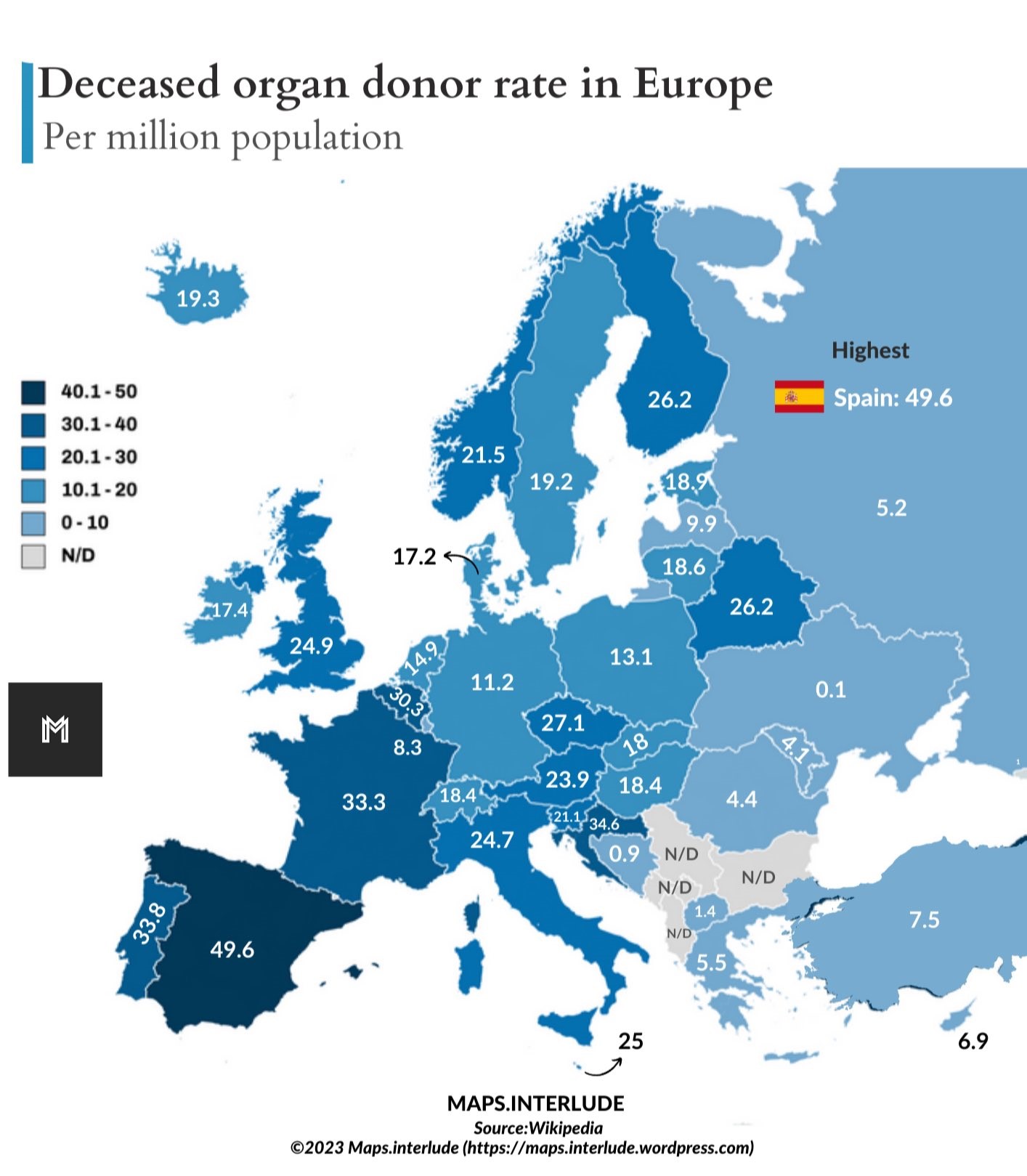 Mapa de donantes de órganos en Europa (2023)
