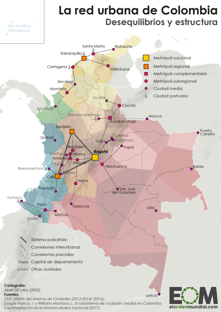 Mapa de la red urbana de Colombia (2022)