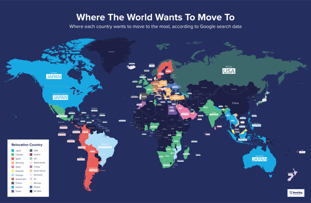 El destino deseado para emigrar de cada país (2020)