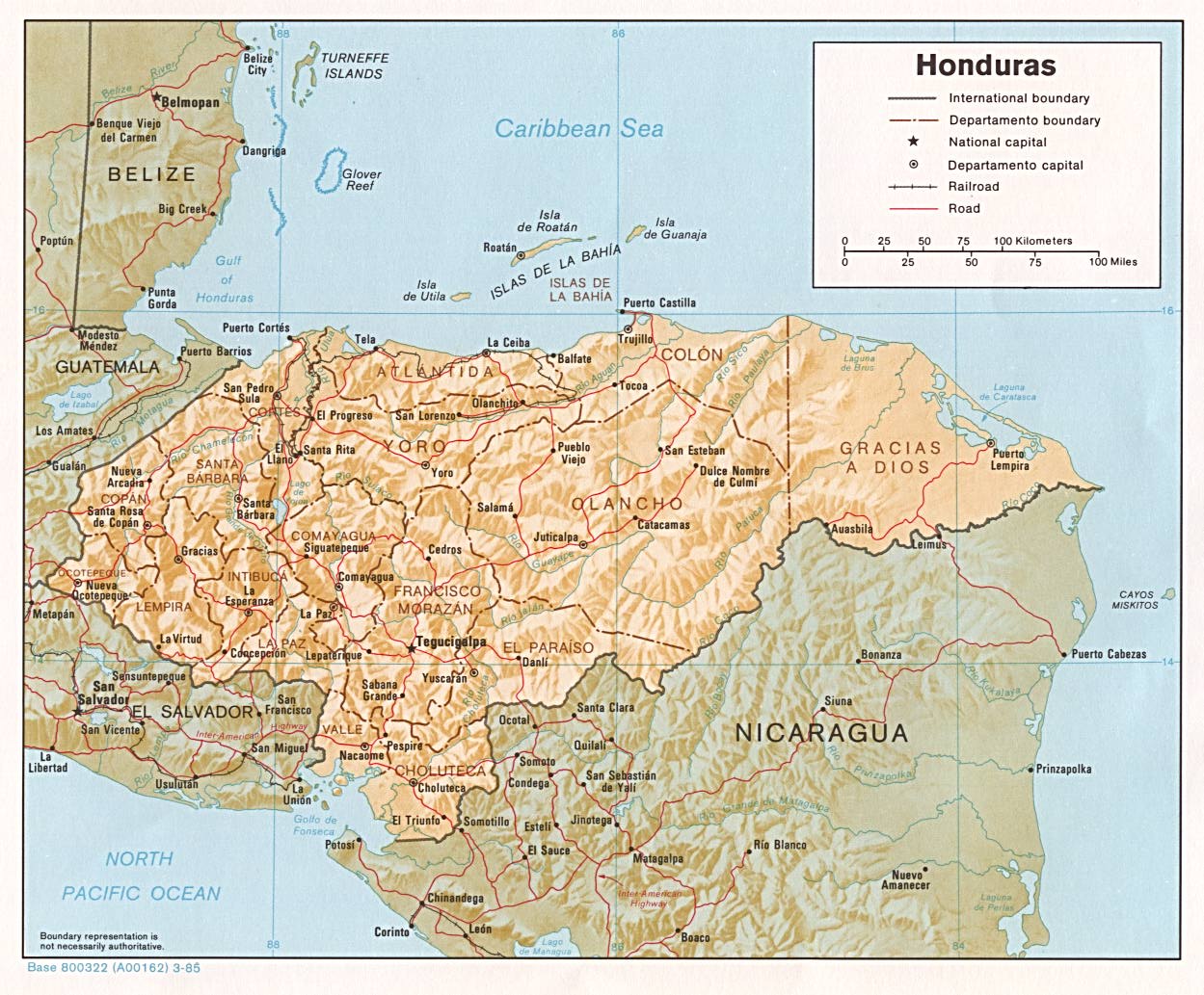Mapa físico y político de Honduras (1985)