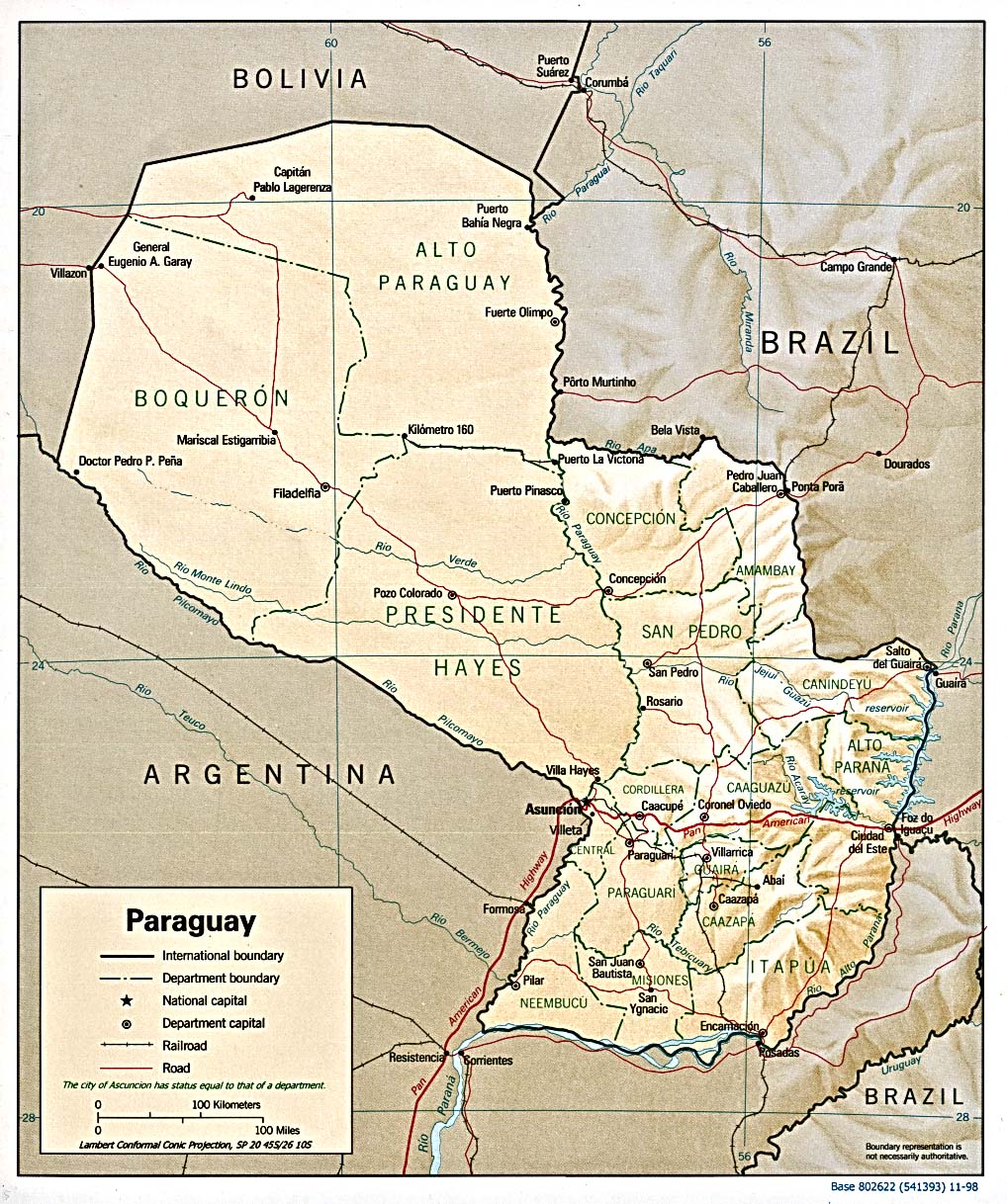 Mapa físico y político de Paraguay (1998)