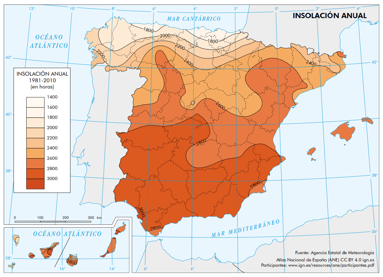 Horas de sol al año en España (2020)