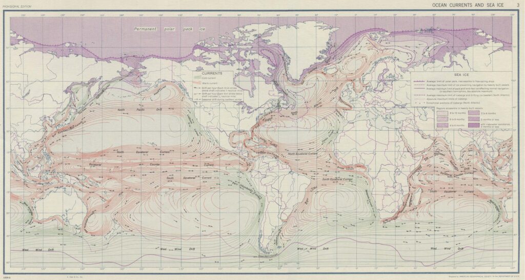 Distribución de hielo y corrientes marítimas (1943)