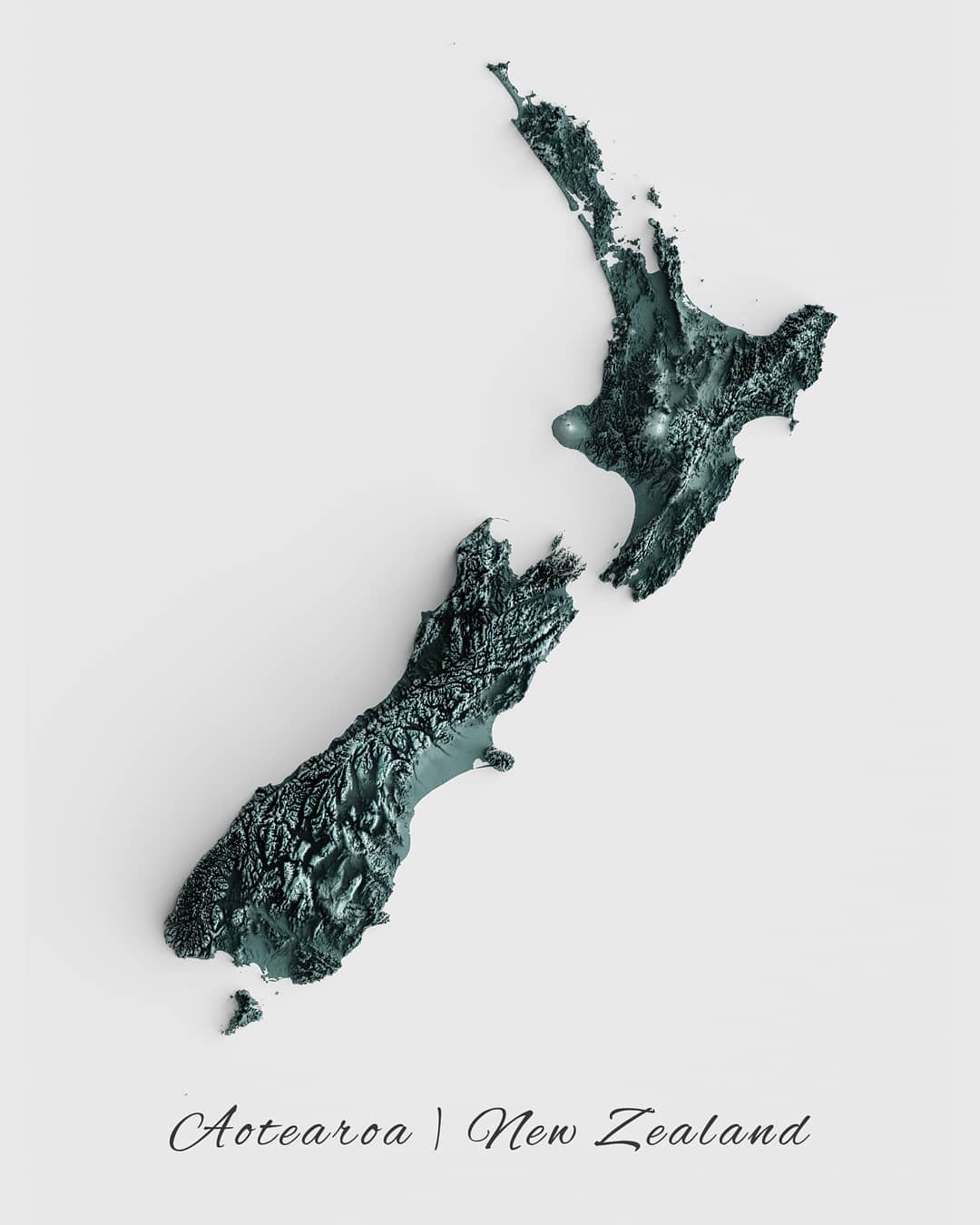 Mapa de relieve de Nueva Zelanda, por Miguel Valenzuela (2020)