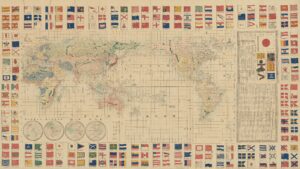Mapamundi japonés con banderas de barcos nacionales (1862)
