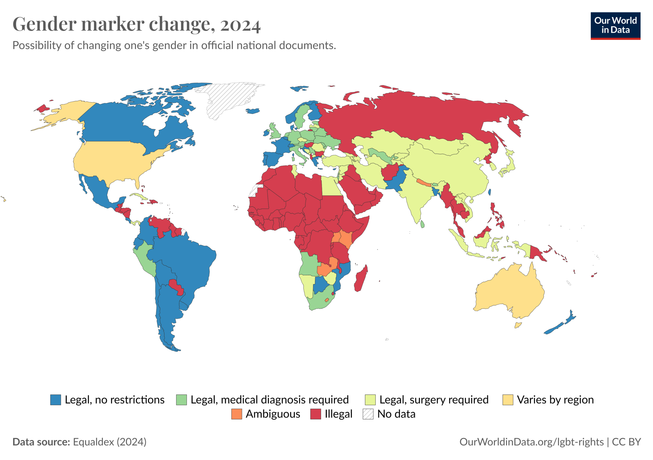 Legality of gender reassignment worldwide (2024)