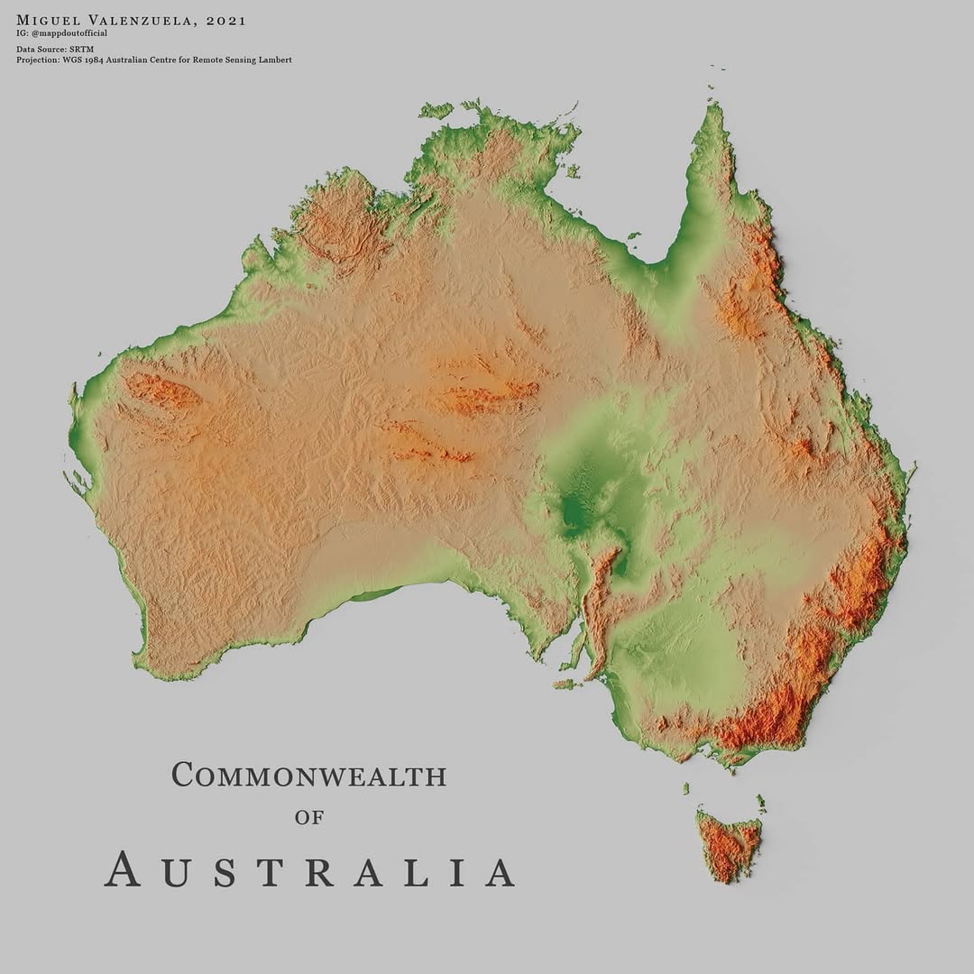 Mapa de relieve de Australia, por Miguel Valenzuela (2021)