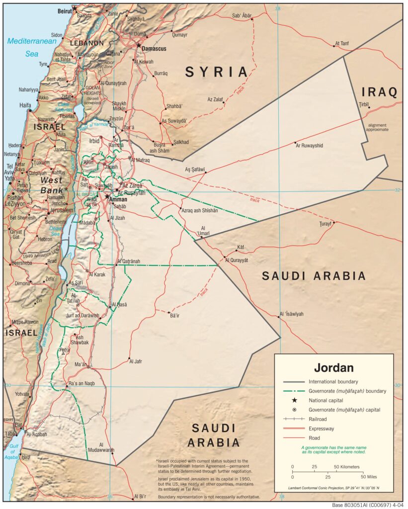 Mapa físico y político de Jordania (2004)