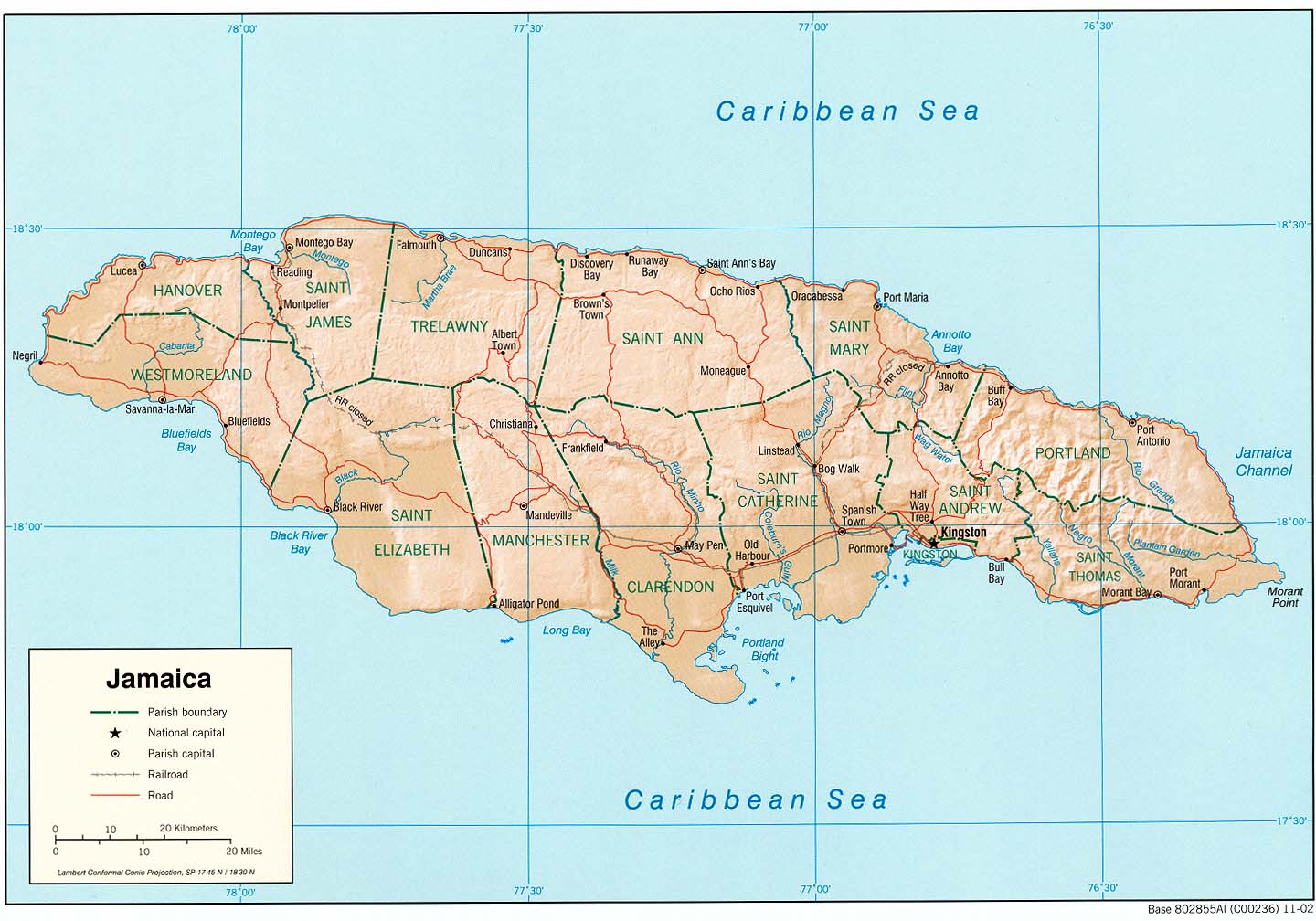Mapa físico y político de Jamaica (2002) Mapa físico y político de Jamaica (2002)